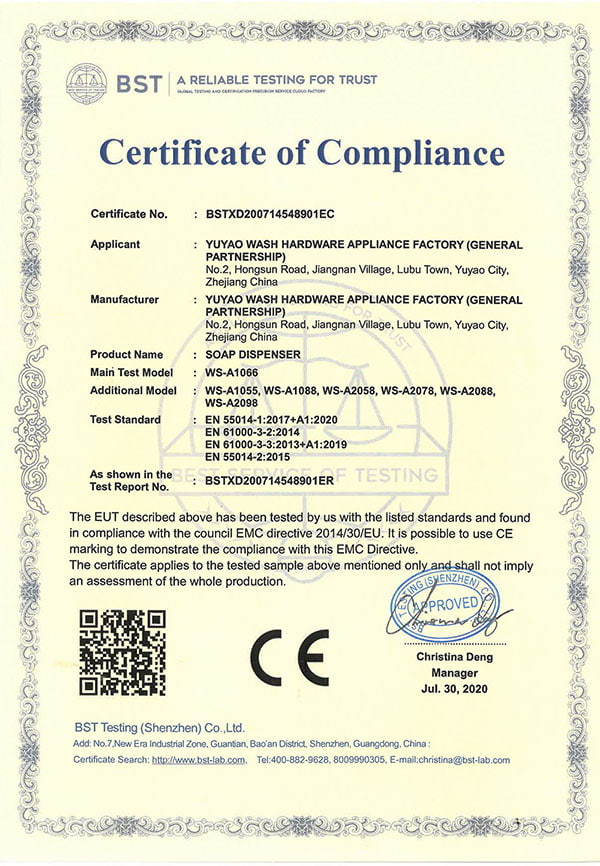 Certificat CE de distributeur de savon automatique