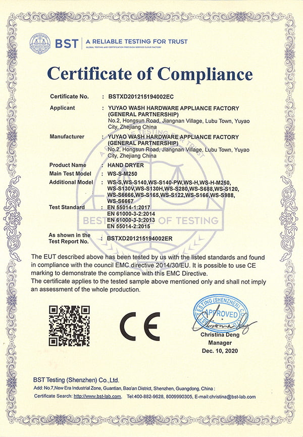 Certificat CE pour sèche-mains
