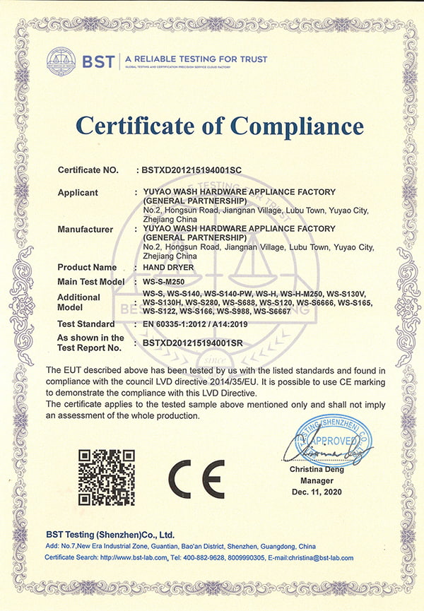 Certificat CE LVD pour sèche-mains
